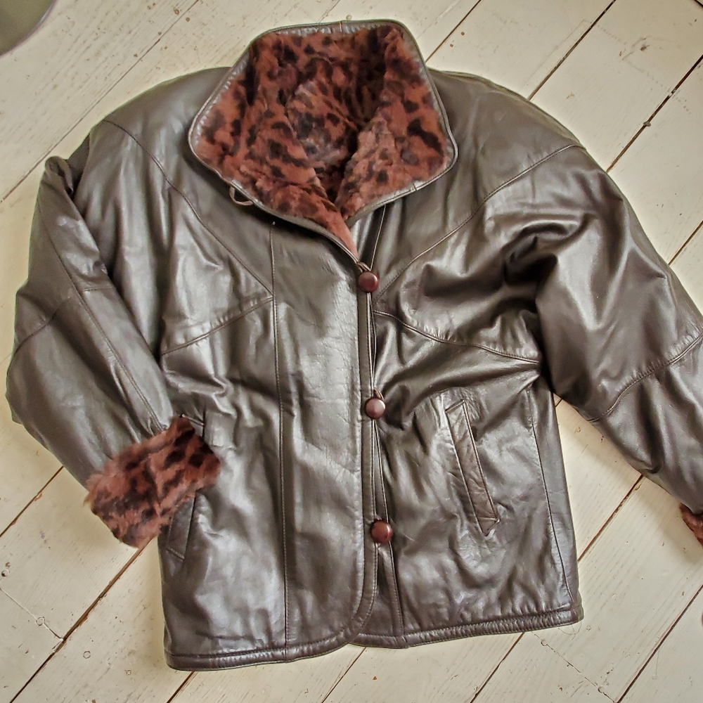 80s 90s Vintage Fully Reversible Leather & Brown Leopard Faux Fur Jacket - Picture 8 of 10